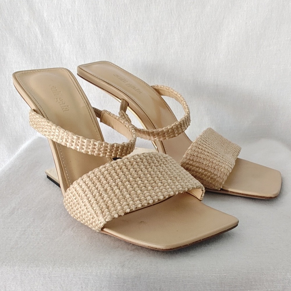 Cult Gaia Rene Mule Sandals Beige Woven Raffia Architectural Gold Heel 39.5